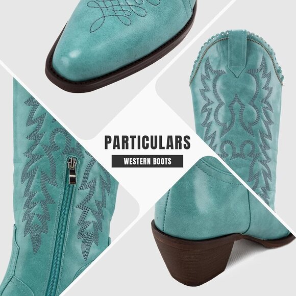 Embroidered Suede Boots Turquoise Polyurethane Chunky Heel For Women - Picture 2 of 5